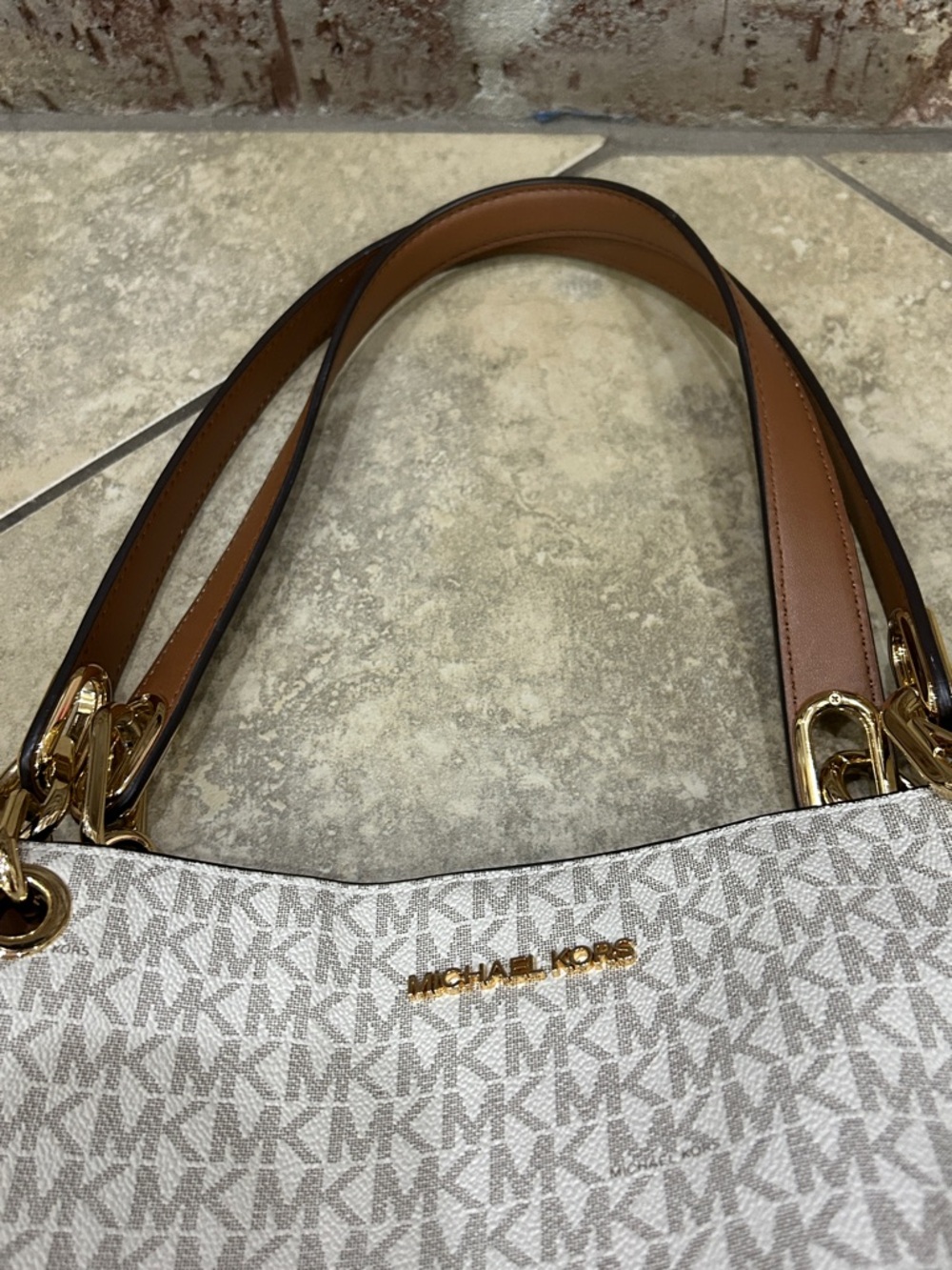 Michael Kors Cream and Brown Logo-Print Tote with Gold Hardware - Picture 10 of 11